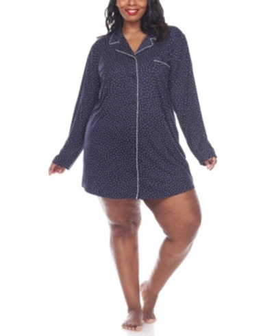White Mark Plus Size Long Sleeve Nightgown In Navy