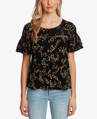 Cece Printed Tiered-sleeve Top In Rich Black