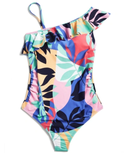 Motherhood Maternity Beach Bump Ruffle-front One-shoulder Maternity Upf 50+ Swimsuit In Palm Print