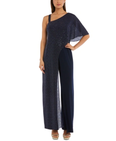 R & M Richards One-shoulder Metallic Jumpsuit In Navy Blue