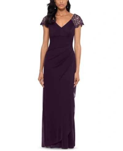Xscape Lace-sleeve Chiffon Gown In Plum