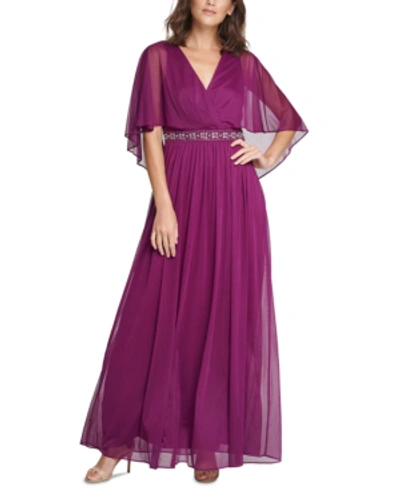 Jessica Howard Beaded Faux-cape Gown In Plum