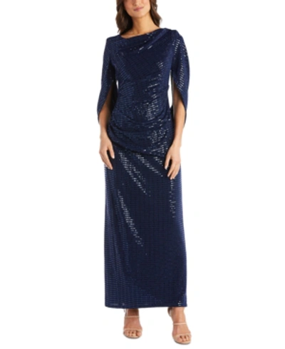 R & M Richards Sequined Draped-back Gown In Navy