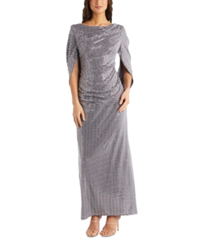 R & M Richards Sequined Draped-back Gown In Pewter