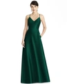 Alfred Sung V-neck Full Skirt Satin Maxi Dress In Hunter