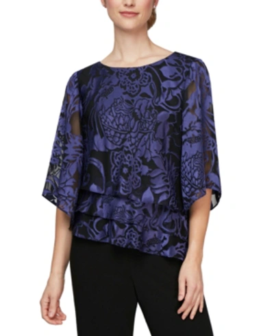 Alex Evenings Printed Tiered Blouse In Black/purple