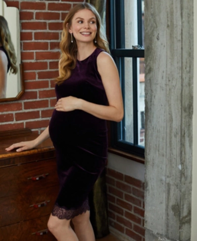 A Pea In The Pod Maternity Lace-trim Velvet Dress In Pretty Plum