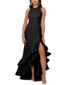 Betsy & Adam Tiered Ruffles Scuba Crepe Gown In Black