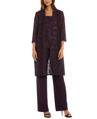 R & M Richards Petite 3-pc. Sequined-lace Jacket, Top & Pants In Plum