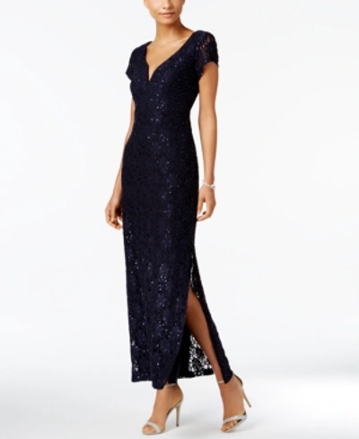 Connected Sequined Lace Column Gown In Navy