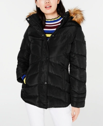 Madden Girl Juniors' Faux-fur Trim Hooded Puffer Coat In Black