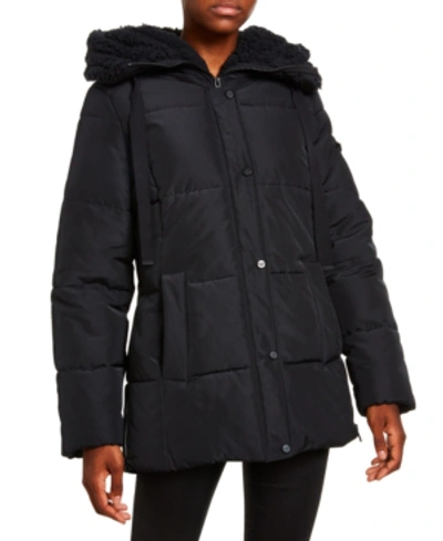 Madden Girl Juniors' Faux-fur Lined Hooded Puffer Coat In Black