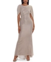 Betsy & Adam Long Metallic Crinkle Drape Back Dress In Gold/silver