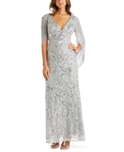 R & M Richards Sequin Drape-back Cape Gown In Silver