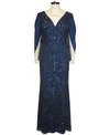 R & M Richards Sequin Drape-back Cape Gown In Navy