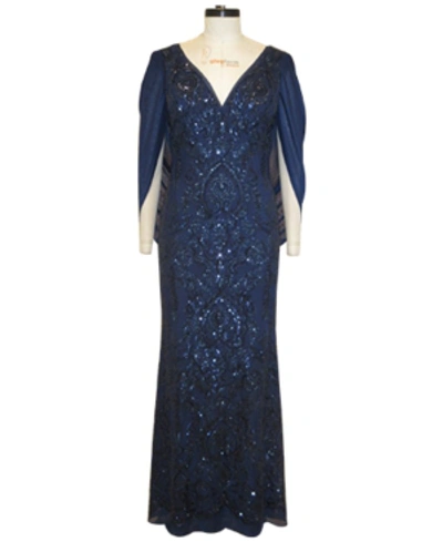R & M Richards Sequin Drape-back Cape Gown In Navy