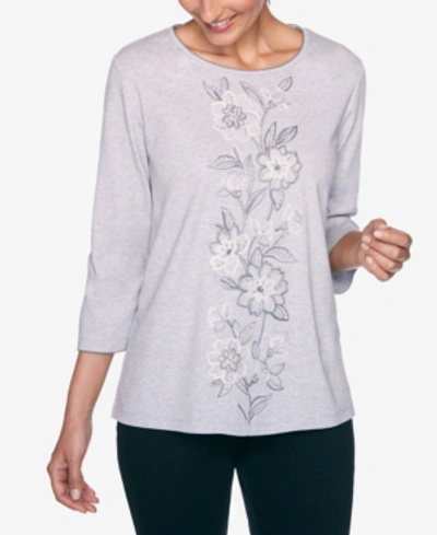 Alfred Dunner Women's Plus Size Madison Avenue Center Floral Embroidered Top In Gray
