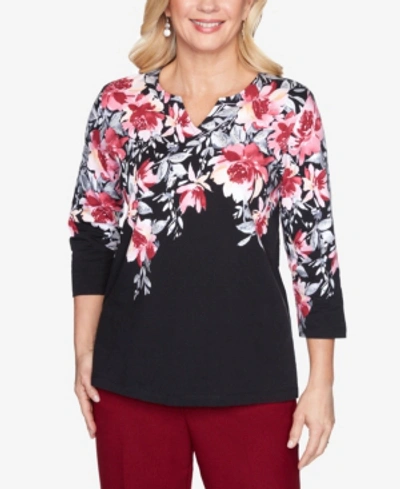 Alfred Dunner Women's Plus Size Madison Avenue Floral Yoke Top In Black