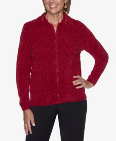 Alfred Dunner Petite Zippered Chenille Cardigan In Red