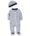 LITTLE ME BABY BOYS SPORTS FOOTED COVERALL AND HAT, 2 PIECE SET