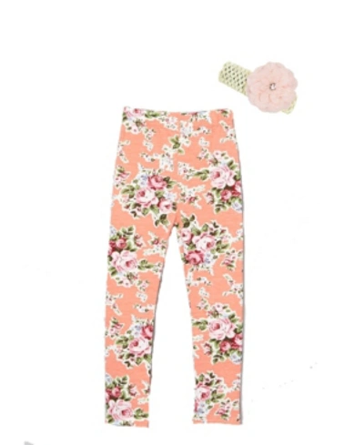 Mi Amore Gigi Kids' Little And Big Girls Floral Leggings Includes Crochet Flower Headband In Peach
