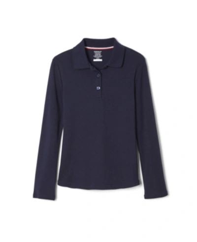 French Toast Kids' Big Girls Long Sleeve Interlock Knit Polo With Picot Collar In Navy