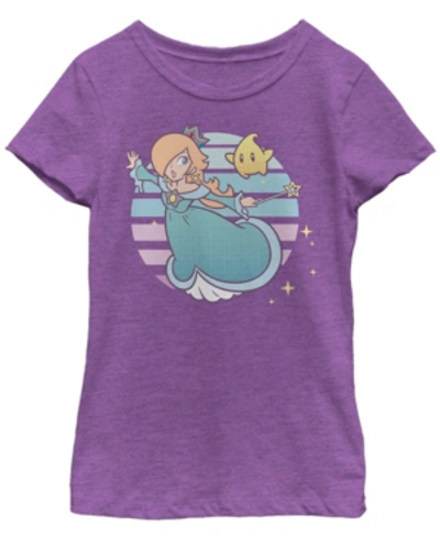 Fifth Sun Kids' Nintendo Big Girl's Super Mario Rosalina And Luma Striped Background Portrait Short Sleeve T-shirt In Purple