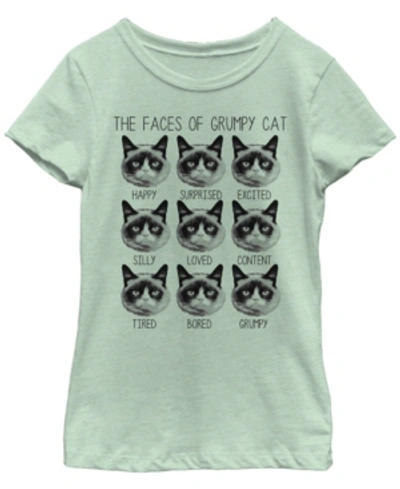 Fifth Sun Kids' Grumpy Cat Big Girl's The Many Faces Of Grumpy Cat Short Sleeve T-shirt In Mint