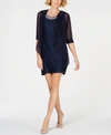 R & M Richards Petite Glitter Lace Dress & Waterfall Jacket In Navy