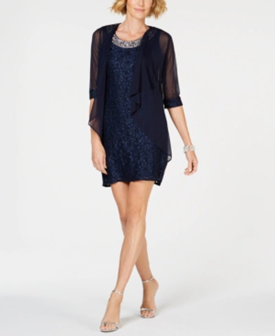 R & M Richards Petite Glitter Lace Dress & Waterfall Jacket In Navy