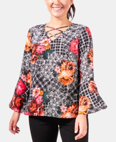 Ny Collection Petite Paisley-print Bell-sleeve Top In Black Luxefleur