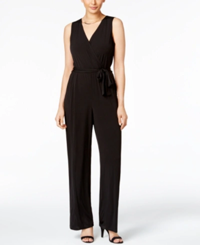 Ny Collection Petite Surplice Belted Wide-leg Jumpsuit In Black