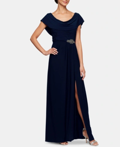 Alex Evenings Petite Embellished-waist Cowlneck Gown In Navy