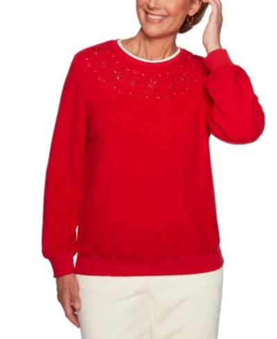 Alfred Dunner Petite Classics Embroidered Embellished Top In Red