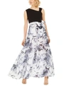 R & M RICHARDS PETITE BELTED FLORAL-SKIRT GOWN