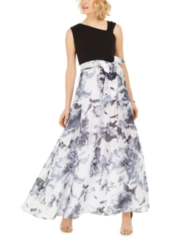 R & M Richards Petite Belted Floral-skirt Gown In Black/white Floral