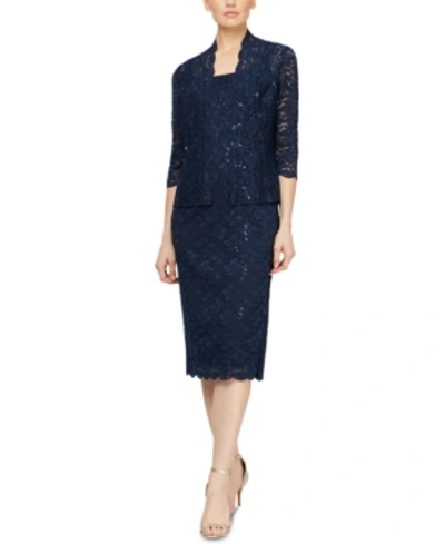 Sl Fashions 2-pc. Lace Jacket & Midi Dress Set In Navy Blue