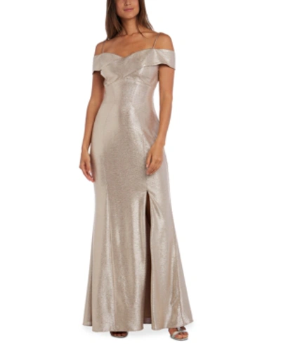 Nightway Petite Off-the-shoulder Metallic Gown In Champange/gold
