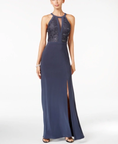 Nightway Petite Lace-trim Illusion Halter Gown In Charcoal