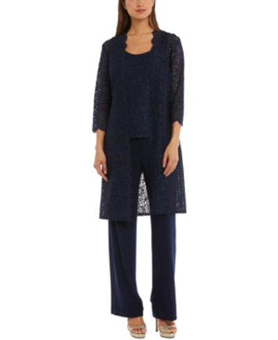 R & M Richards Petite 3-pc. Jacket, Embellished Top & Pants Set In Navy