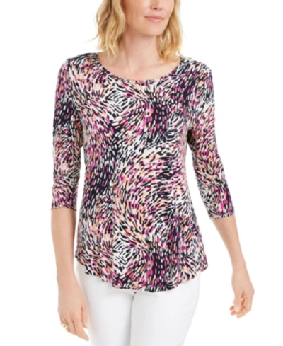 Jm Collection Petite Printed Shirttail-hem Top, Created For Macy's In Pink Dahlia Whirl