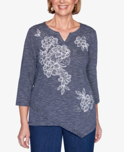 Alfred Dunner Petite Panama City Embellished Striped Asymmetric Top In Indigo