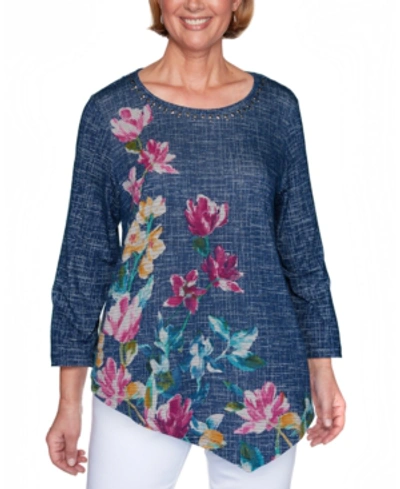 Alfred Dunner Petite Panama City Textured Asymmetric Floral Top In Indigo
