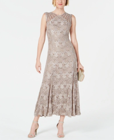 R & M Richards Sequined Lace Gown With Sheer Inserts - Petite In Champagne