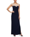 Alex Evenings Lace Illusion Yoke Wrap Syle Maxi Dress In Navy