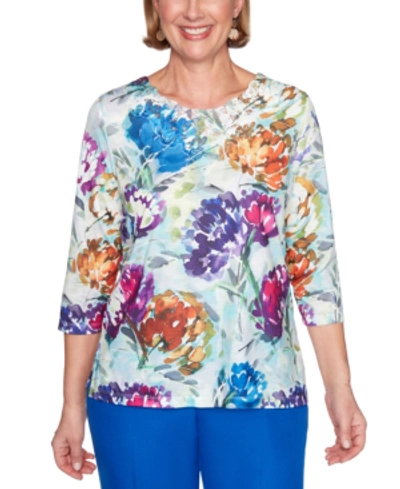 Alfred Dunner Petite Floral-print Scalloped Knit Top In Multi