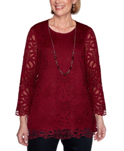 Alfred Dunner Petite Madison Avenue Solid Lace Top In Merlot