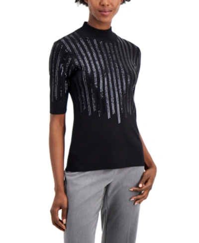 Alfani Petite Sequin-embellished Elbow-sleeve Sweater, Created For Macy's In Deep Black
