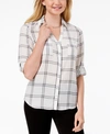 Bcx Juniors' Roll-tab-sleeve Printed Top In Windowpane