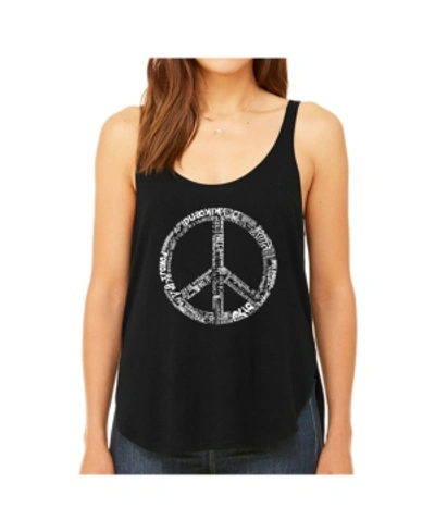 La Pop Art Women's Premium Word Art Flowy Tank Top- The Word Peace In 77 Languages In Black